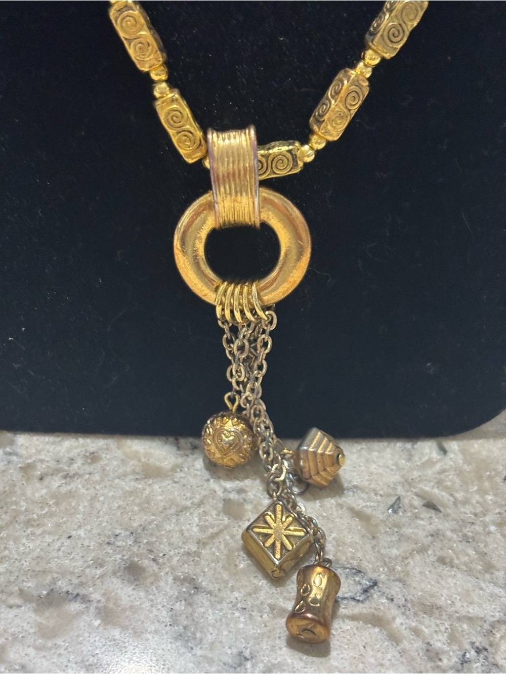 Vintage Gold-Tone Spiral Bead Charm Necklace Statement Piece - Picture 7 of 9